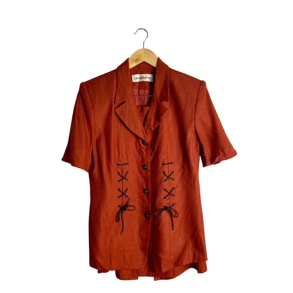 Vintage Liz Claiborne Rust Lace Up Corset Short Sleeve Skirt Suit Set Cottage